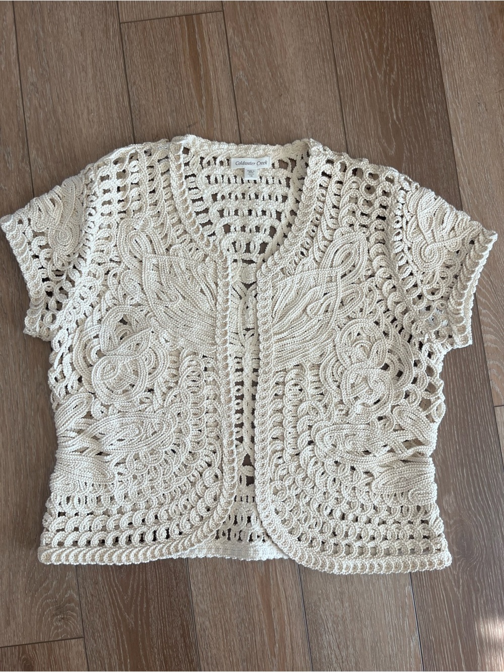 Coldwater Creek crocheted macrame cream cardigan shortsleeve Size 14 100% Cotton